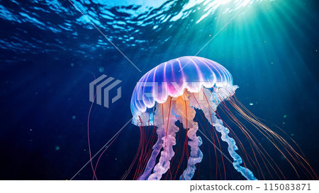 Sunlit Jellyfish in Ocean Sunlit Jellyfish in Ocean 115083871