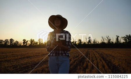 Female agronomist using digital tablet at wheat meadow at dusk. Farmer monitoring harvest at barley field at sunset. Beautiful scenic landscape. Concept of agricultural business. Slow mo Female agronomist using digital tablet at wheat meadow at dusk. Farmer monitoring harvest at barley field at sunset. Beautiful scenic landscape. Concept of agricultural business. Slow mo 115084225