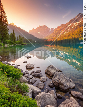 View of a lake and mountain range at sunset View of a lake and mountain range at sunset 115084350