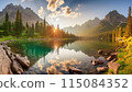 View of a lake and mountain range at sunset 115084352