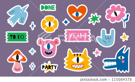Set of trendy stickers for planner with white outline, cutting line, vector flat illustration. Funny cartoon characters such as heart, flower, bird, tiger, mushroom and wolf. Cute retro sticker pack 115084378