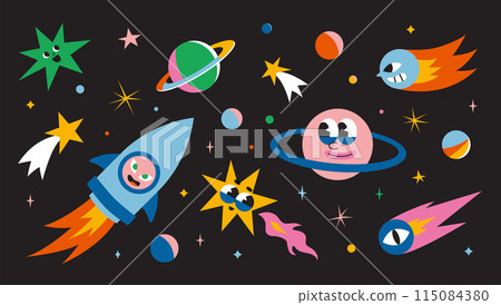 Cute outer space set. Cosmic bundle with funny cartoon characters, spaceships, planet, comet and stars. Trendy modern vector illustration, hand drawn, flat design 115084380