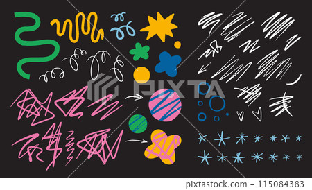 Hand drawn various scribbles, doodles, curls, lines, circles and stars. Abstract art, set of elements, constructor for shapes with textured effect. Trendy modern vector illustration 115084383