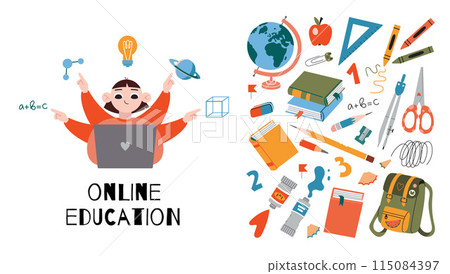 Distance education concept, Teenage girl with many arms using laptop to study, cartoon style. Online School, tutorials and courses, e-learning. Trendy vector illustration, hand drawn, flat design Distance education concept, Teenage girl with many arms using laptop to study, cartoon style. Online School, tutorials and courses, e-learning. Trendy vector illustration, hand drawn, flat design 115084397