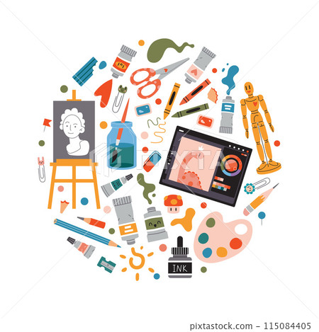 Round composition with cute Art tools and stationery. Bundle with Artistic supplies like a graphic tablet, easel, paints and crayons. Trendy modern vector illustration, hand drawn, flat design Round composition with cute Art tools and stationery. Bundle with Artistic supplies like a graphic tablet, easel, paints and crayons. Trendy modern vector illustration, hand drawn, flat design 115084405