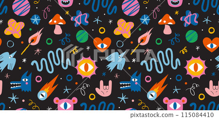 Seamless pattern with funny cartoon shapes and characters like bird, monsters, curves and stars. Trendy modern vector illustration on black background, hand drawn, textured effect, flat design 115084410