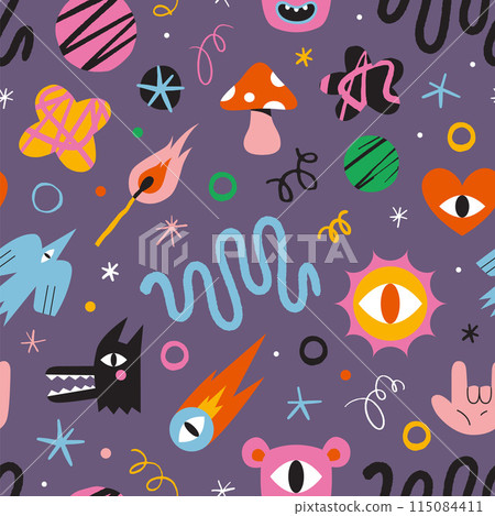 Seamless pattern with funny cartoon shapes and characters like bird, monsters, curves and stars. Trendy modern vector illustration on purple background, hand drawn, textured effect, flat design 115084411