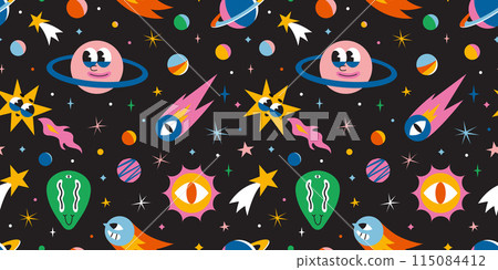 Seamless pattern with cute outer space elements. Cosmic background with funny cartoon characters, alien, planet, comet and stars. Trendy modern vector illustration, hand drawn, flat design 115084412