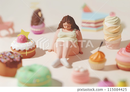 A woman eating sweets while suffering from obesity 115084425