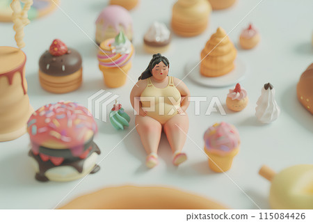 A woman eating sweets while suffering from obesity 115084426