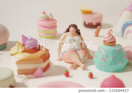 A woman eating sweets while suffering from obesity 115084427