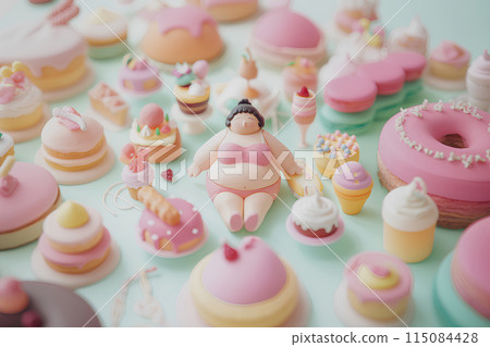 A woman eating sweets while suffering from obesity 115084428
