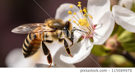 Close-up macro of a bee collecting pollen on a white flower 115084978