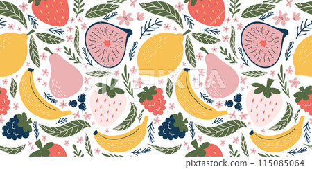 Playful seamless pattern with strawberries, raspberries, blackberries, banana, pear, halved fig, blueberries, pink flowers, and green leaves. Organic vector style with flat colors, perfect for 115085064