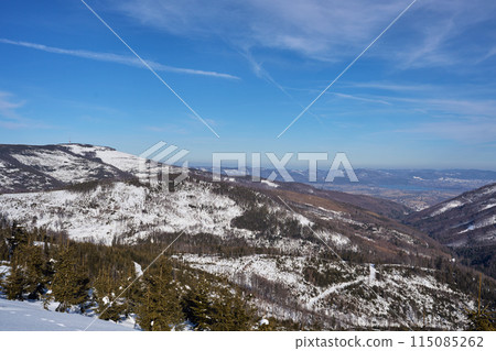 White slope in Silesian Beskid range near European Szczyrk city in Poland White slope in Silesian Beskid range near European Szczyrk city in Poland 115085262