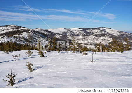 White Silesian Beskid range near European Bialy Krzyz pass in Poland 115085266