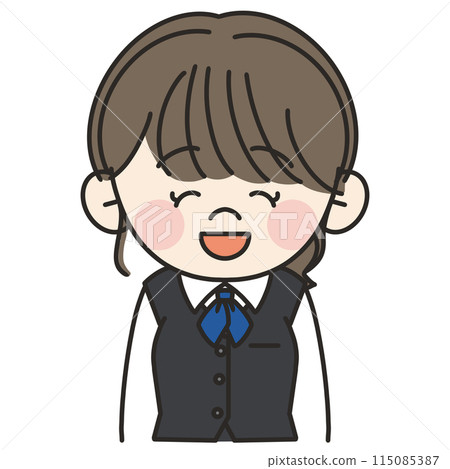 An illustration of a young office worker woman wearing a blue scarf and uniform smiling and facing forward An illustration of a young office worker woman wearing a blue scarf and uniform smiling and facing forward 115085387