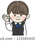 An illustration of a young female office worker in a uniform wearing a blue scarf raising her hand An illustration of a young female office worker in a uniform wearing a blue scarf raising her hand 115085445