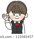 An illustration of a young female office worker in a uniform wearing a red scarf raising her hand An illustration of a young female office worker in a uniform wearing a red scarf raising her hand 115085457