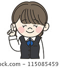 An illustration of a young female office worker in a uniform wearing a blue scarf posing with a pointing finger An illustration of a young female office worker in a uniform wearing a blue scarf posing with a pointing finger 115085459
