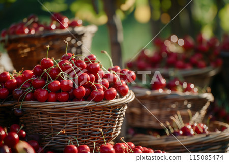 Baskets filled with fresh cherries are piled in front of the cherry orchard in the early morning Baskets filled with fresh cherries are piled in front of the cherry orchard in the early morning 115085474