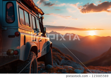Off road car driving on mountains at sunset road trip concept 115085569