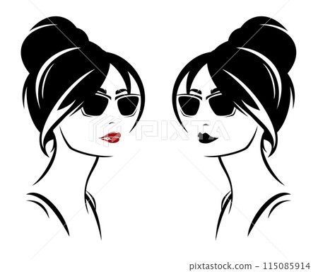 brunette woman with red lips, hairbun and sunglasses fashion portrait brunette woman with red lips, hairbun and sunglasses fashion portrait 115085914