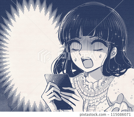 Illustration of a manga-style young lady looking surprised at her smartphone 115086071