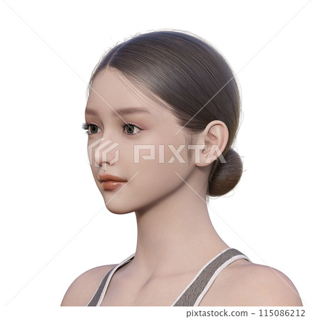 Diagonal sideways illustration of a young woman with her eyes open. Natural and cute Japanese 3D model, upper body face up 115086212