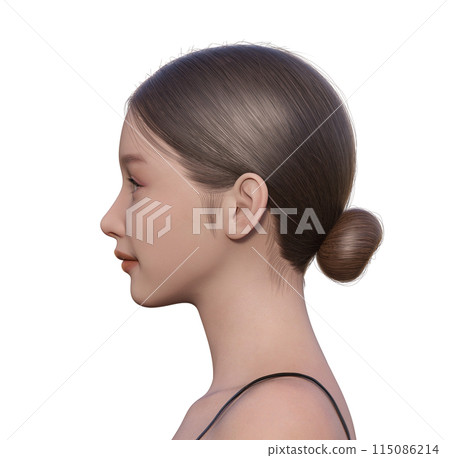 睜著眼睛的女人側面的 3D 插圖 自然可愛的 3D 模型的上半身 側臉特寫 115086214