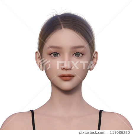 3D illustration of a woman's profile with eyes open. Natural and cute 3D model upper body. Front face up. 3D illustration of a woman's profile with eyes open. Natural and cute 3D model upper body. Front face up. 115086220
