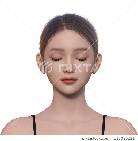 3D illustration of a woman's profile with eyes closed. Natural and cute 3D model upper body. Front face up. 115086221