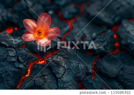Fossil Fuel Flower: A single, vibrantly colored flower emerges from a cracked piece of coal. The flower itself appears to glow with an internal energy, 115086302