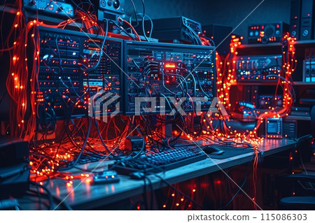 Tangled Tech Vines: A tangle of wires and cables, resembling twisted vines, snakes across a cluttered desktop. Amongst the jumble, a lone Wi-Fi router glows brightly 115086303