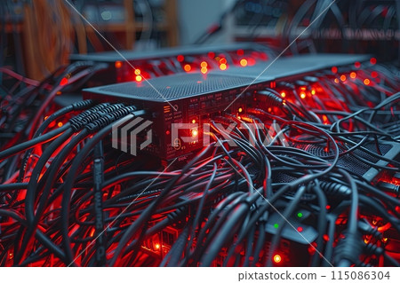 Tangled Tech Vines: A tangle of wires and cables, resembling twisted vines, snakes across a cluttered desktop. Amongst the jumble, a lone Wi-Fi router glows brightly 115086304