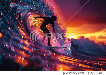 Surf rider in wave tunnel at red sunset 115086306