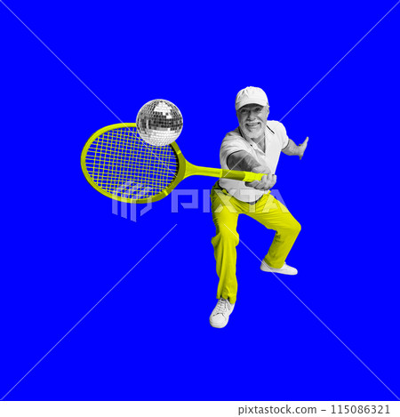 Positive smiling senior man playing tennis with disco ball against bright blue background. Hobby and leisure. Contemporary art collage. 115086321