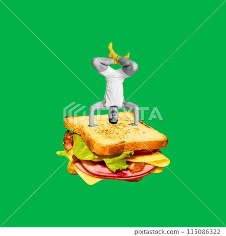 Man in sportswear training, standing on head on delicious sandwich against green background. Contemporary art collage. 115086322