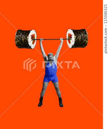 Muscular man in striped clothes lifting heavy barbell with sushi elements on orange background. Contemporary art collage. Muscular man in striped clothes lifting heavy barbell with sushi elements on orange background. Contemporary art collage. 115086325