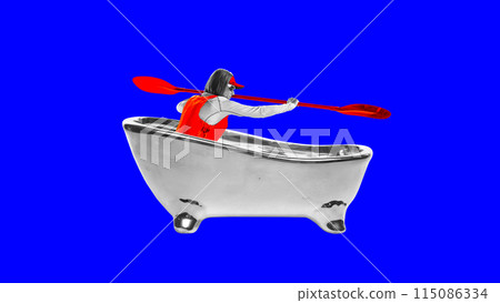 Funny image of woman swimming in bath like in canoe, kayak training with paddle on bright blue background. Contemporary art collage. 115086334