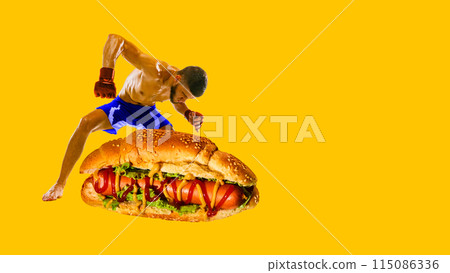 Muscular man, boxing athlete in motion, training over giant hot dog against bright yellow background. Junk food and healthy life. Contemporary art collage. Muscular man, boxing athlete in motion, training over giant hot dog against bright yellow background. Junk food and healthy life. Contemporary art collage. 115086336