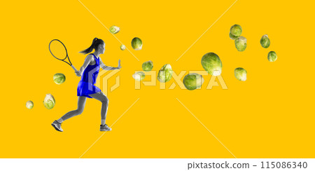 In action to health. Young girl playing tennis with broccoli on bright yellow background. Healthy eating, Contemporary art collage. In action to health. Young girl playing tennis with broccoli on bright yellow background. Healthy eating, Contemporary art collage. 115086340