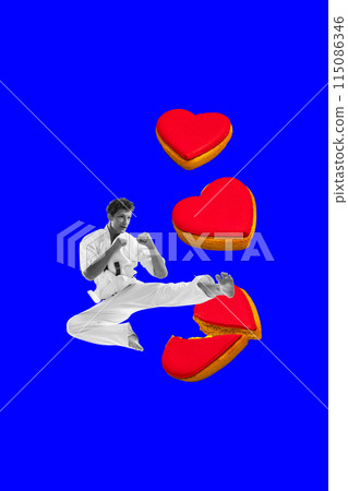 Young man in white kimono practicing karate, fighting with hearts on blue background. Contemporary art collage. Young man in white kimono practicing karate, fighting with hearts on blue background. Contemporary art collage. 115086346