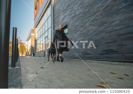 Woman with Doberman on the city street. Young woman walking her dog through the city streets. 115086420