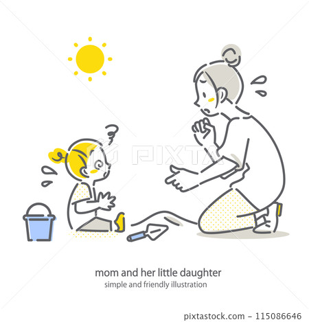 A mother worries about her child who has suffered heatstroke while playing outside. A simple and stylish line drawing illustration 115086646