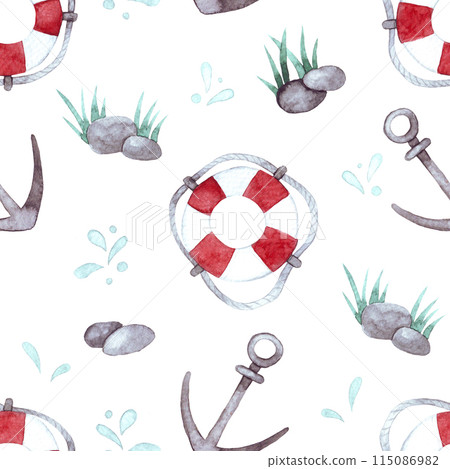 watercolor seamless pattern on a marine theme, with a lifebuoy and anchor. cute print for kids. watercolor seamless pattern on a marine theme, with a lifebuoy and anchor. cute print for kids. 115086982