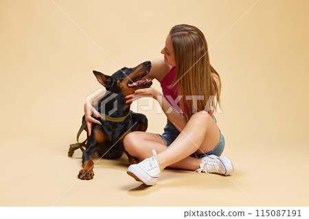 Young woman interacts with her playful Purebred Doberman dog who lying on floor against beige studio background. Young woman interacts with her playful Purebred Doberman dog who lying on floor against beige studio background. 115087191