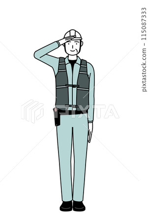一位戴著頭盔和工作服的高級男工程師敬禮 115087333
