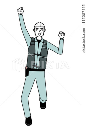 A senior male engineer in a helmet and work clothes jumping with a smile A senior male engineer in a helmet and work clothes jumping with a smile 115087335