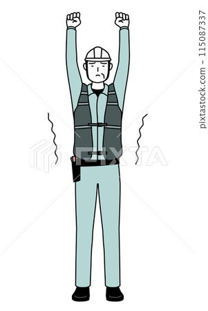 A senior male engineer in a helmet and work clothes stretching A senior male engineer in a helmet and work clothes stretching 115087337